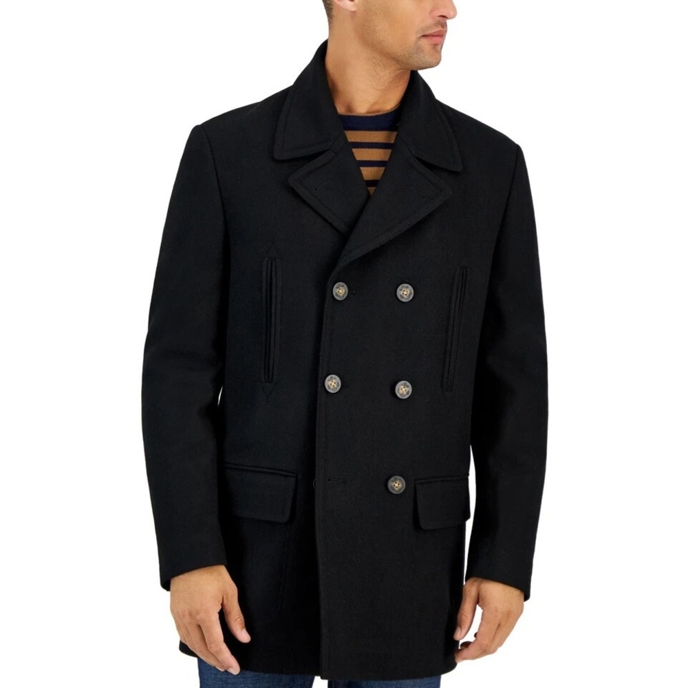 Michael Kors Mens Classic fit Double Breasted Peacoat Coat 36S Black E111681